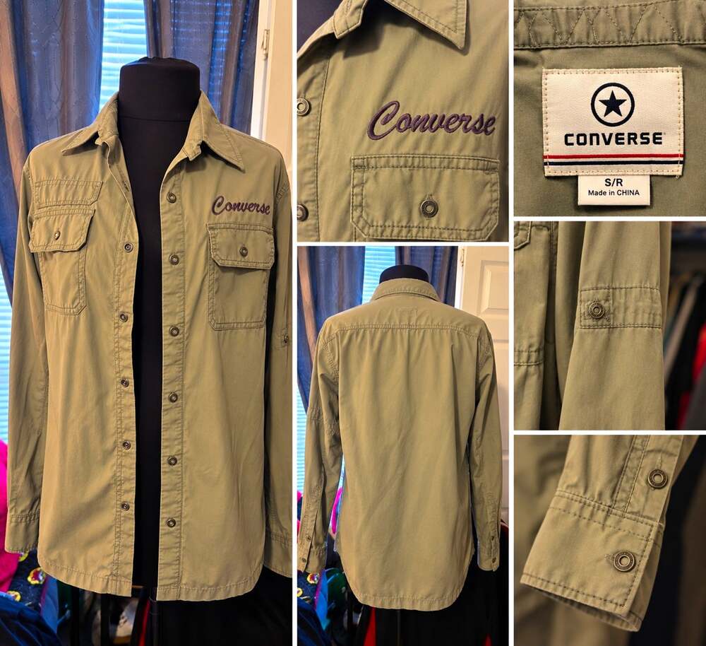 Converse Men's S grey Solid Long Sleeve Woven Cotton Button-Up Point Collar